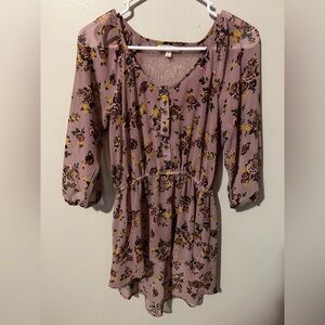 Floral Button-Front Mauve tunic with Elastic Waist